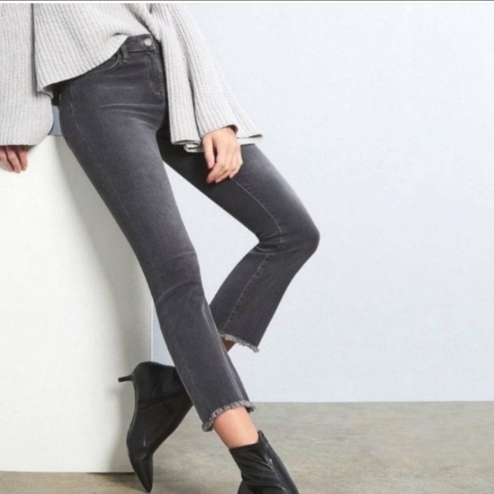 Free People Gray Wash Cropped Raw Hem Straight Jeans